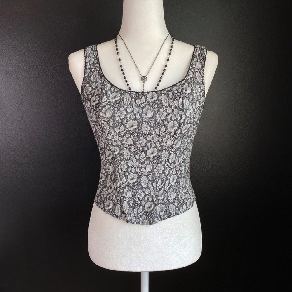 Vintage 90s Black & White Milkmaid Floral Corset Tank Top